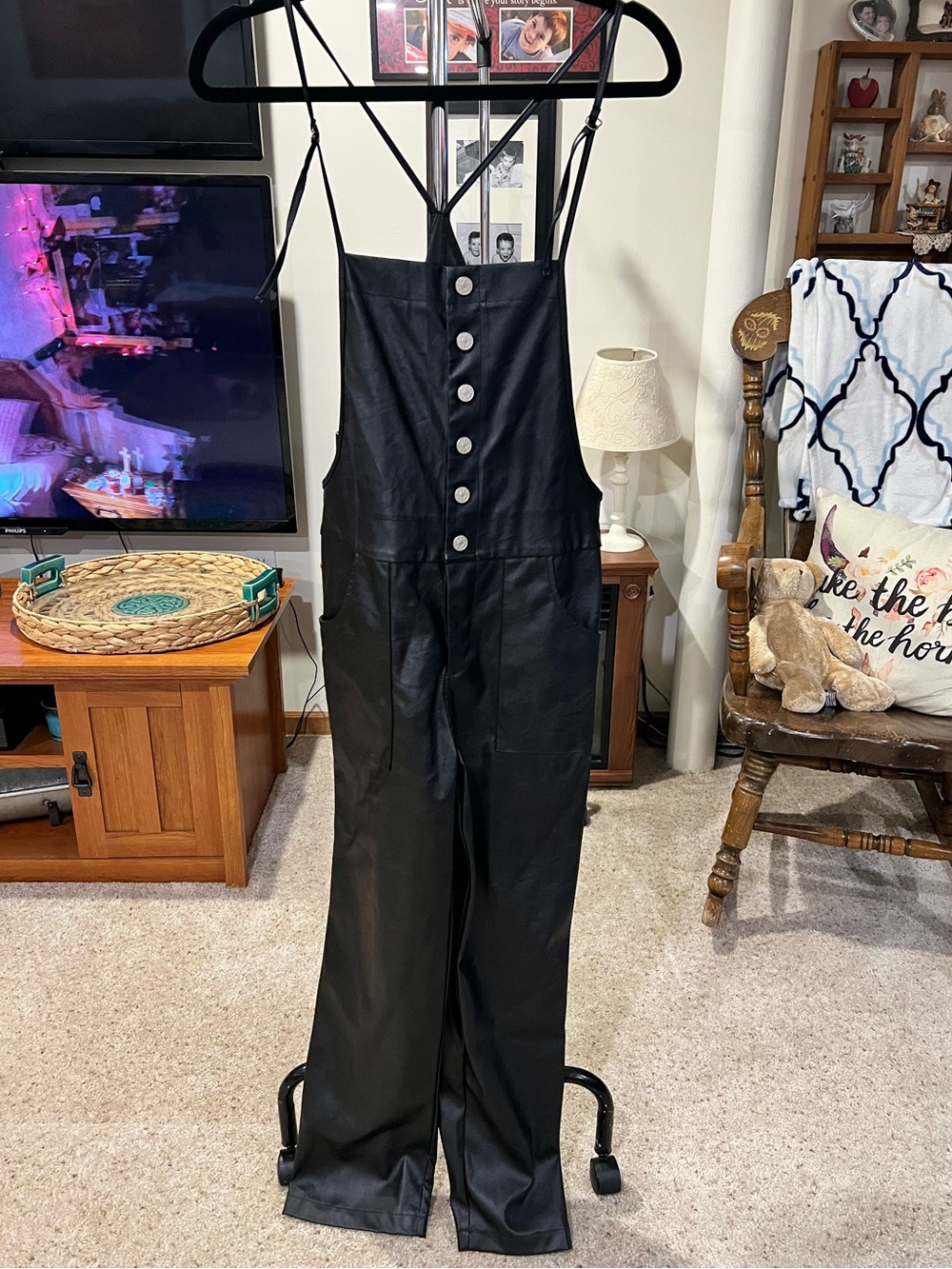 12th Tribe Black Faux-Leather Overalls